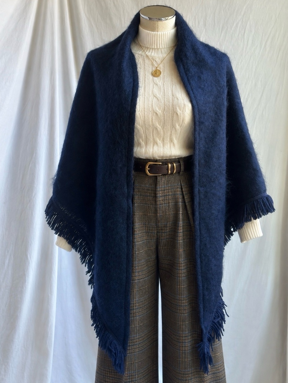 Vintage Rannoch Designs Scotland Mohair Wool Shawl Cape Navy Blue Fringed Wrap